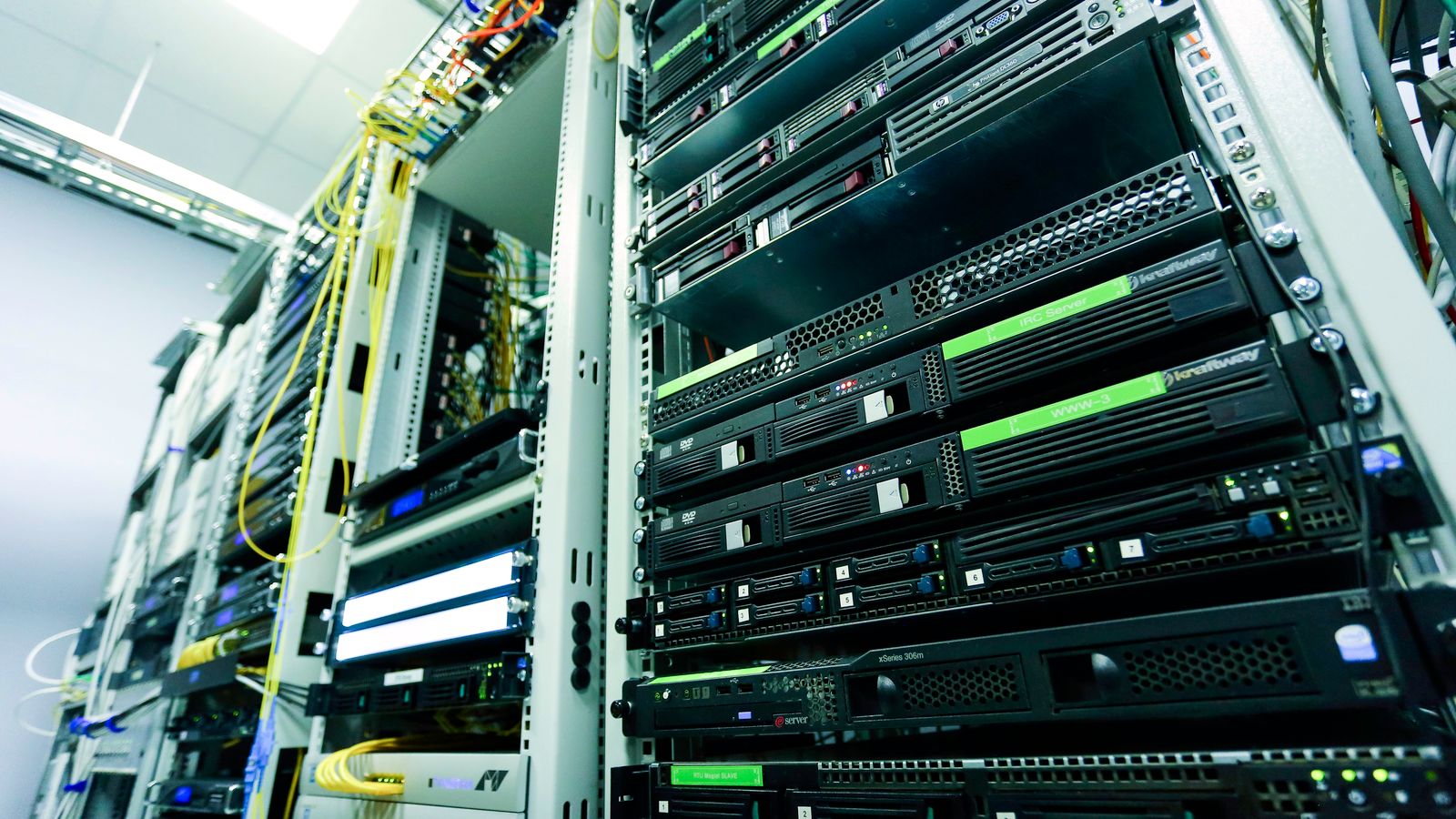Network server racks with organised cabling and active equipment