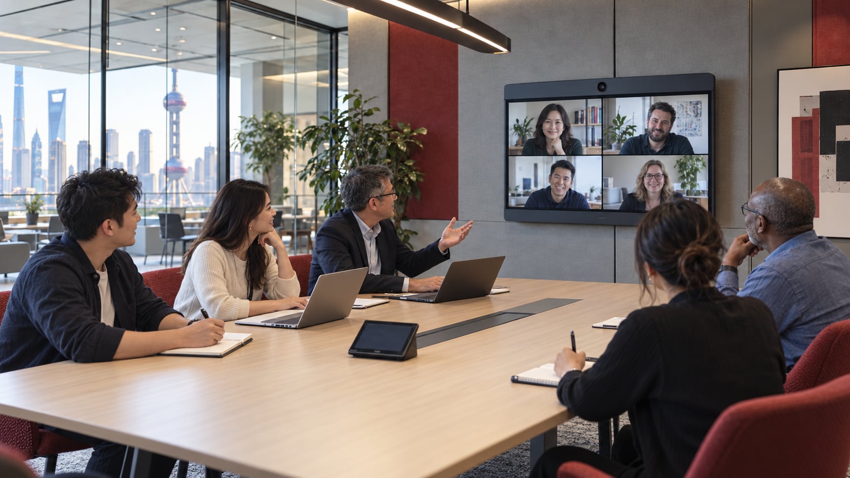 Contemporary collaborative workplace with an all-in-one video collaboration board